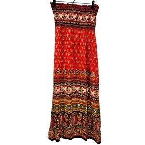 Angie Strapless Maxi Dress Women Red Boho Paisley Gypsy Festival Smocked Beach M